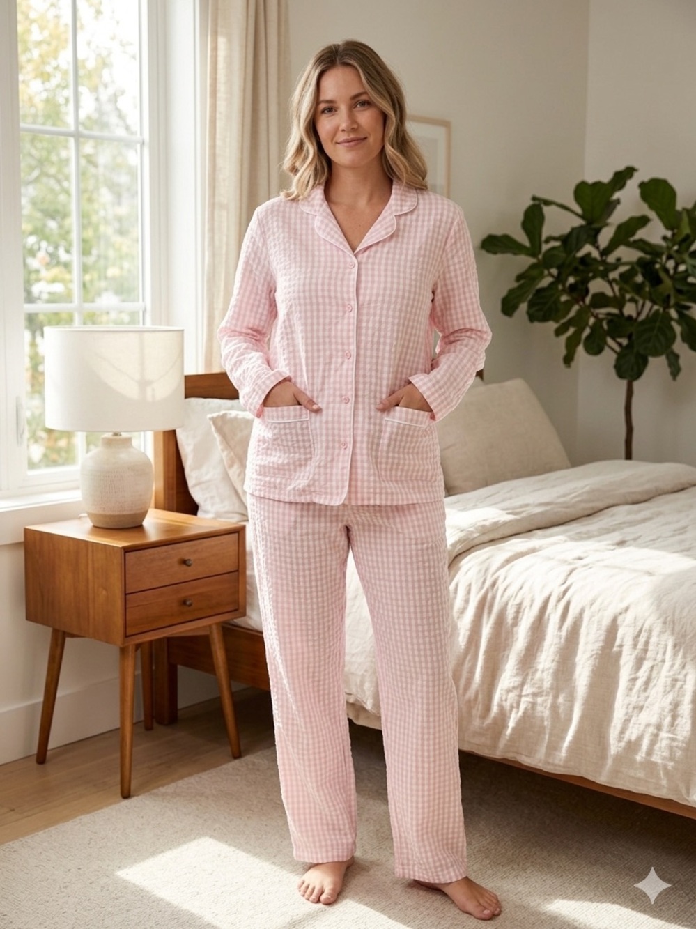 Ivy City Co Pink 2 Piece Checkered Pajama Set Cotton Pink Gingham Size Medium